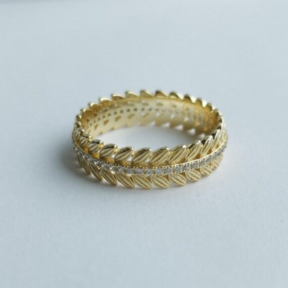 White Sapphire Eternity Band Ring Laurel Leaves 14k Gold over Sterling Silver - Picture 4 of 5
